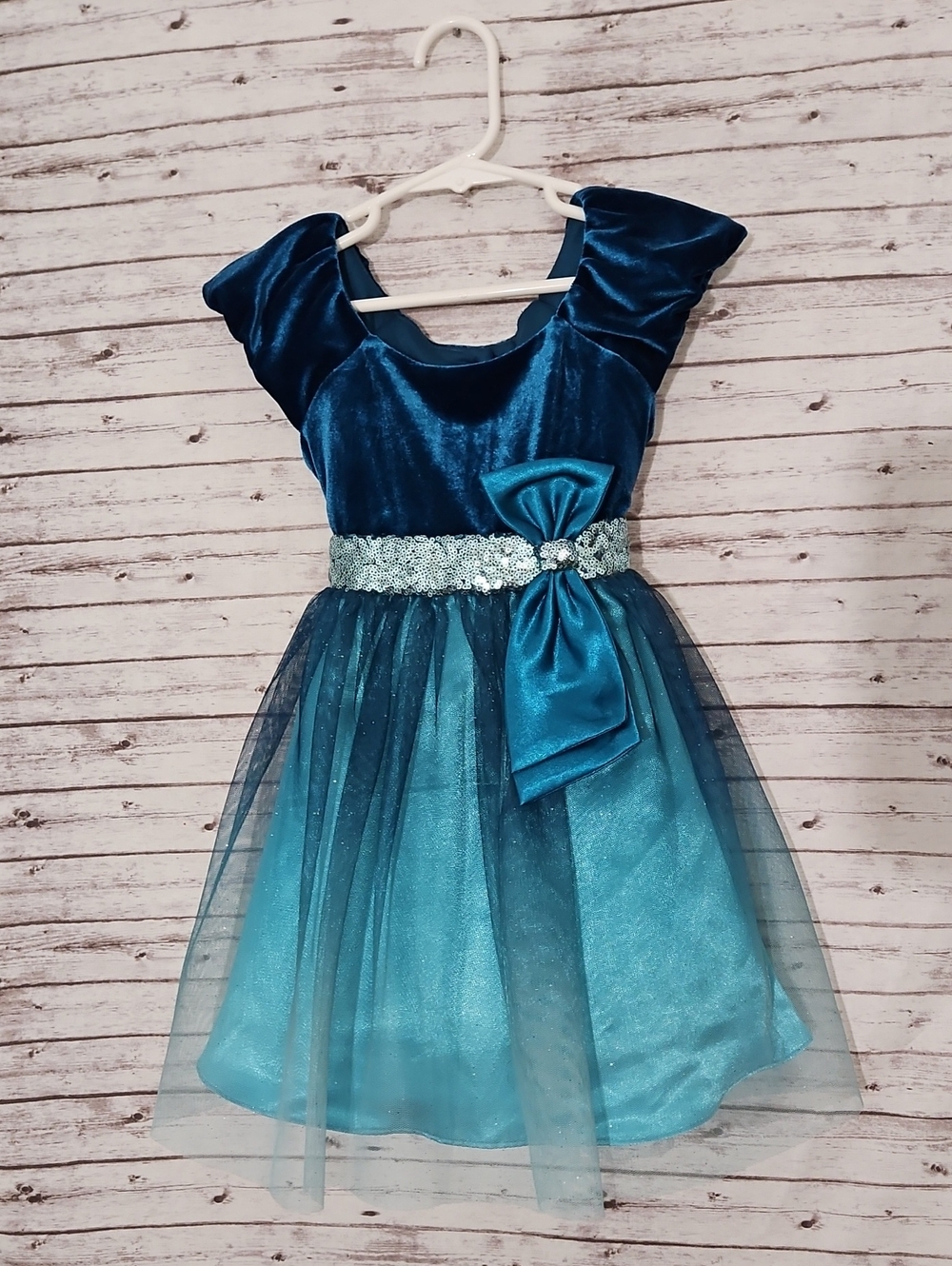Jona Michelle Teal Blue Velvet & Tulle Party Dress with Bow